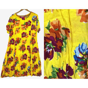 CW Classics Dress 1X Yellow Tropical Floral Boho Vacation Cruise Rayon Vintage